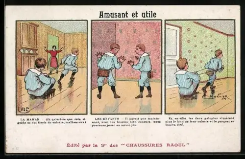 AK Reklame für Chaussures Raoul, Mutter näht Kindern Besen an die Hosen, um beim Spielen den Fussboden zu säubern