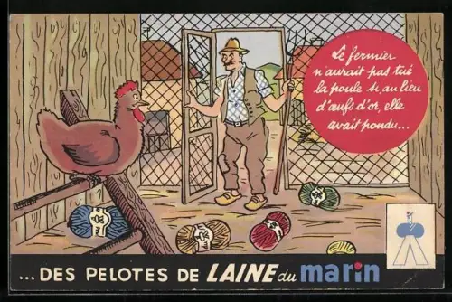AK Reklame für Wolle von Laine du Marin, Henne hat Wollknäuel in ihrem Käfig gebunkert