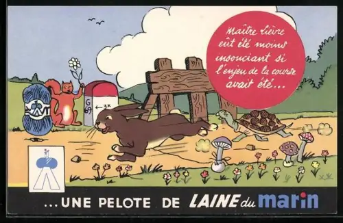 AK Reklame für Wolle von Laine du Marin, Rennen zwischen Hase und Schildkröte, Eichhörnchen mit Wollknäuel