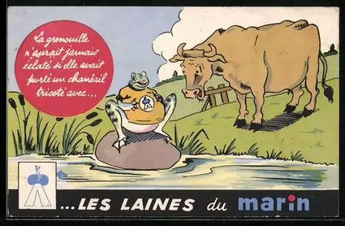 AK Reklame für Wolle von Laine du Marin, Kuh bewundert neues Shirt vom Frosch