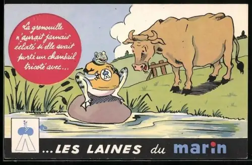 AK Reklame für Wolle von Laine du Marin, Kuh bewundert neues Shirt von Frosch