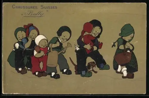 AK Chaussures Suisses, Bally, Kinder in Erwachsenenkleidung stehen Schlange