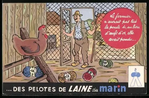 AK Reklame für Wolle von Laine du Marin, Henne hat Wollknäuel gebunkert