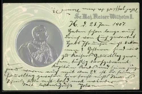 Präge-AK Kaiser Wilhelm II., Portrait in Silber, Ornamente
