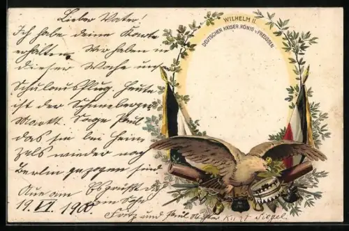 Präge-Lithographie Bildnis Kaiser Wilhelm II., Deutsche Fahnen, Reichsadler