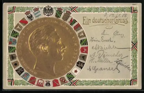 Präge-AK Goldmünze mit Bild Kaiser Wilhelm II., Deutsche Wappen