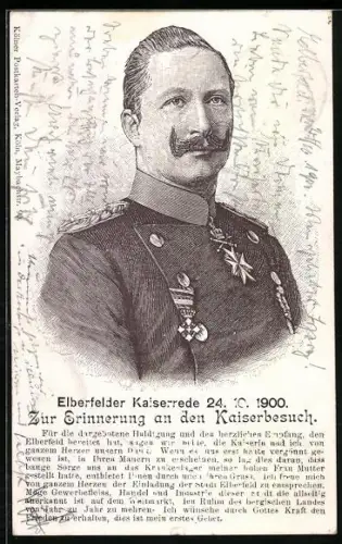 Lithographie Elberfeld, Kaiserbesuch 1900, Kaiserportrait, Elberfelder Kaiserrede