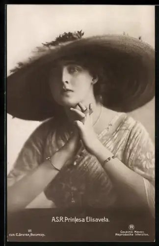 AK Printesa Elisaveta, Prinzessin von Rumänien, Portrait mit Hut