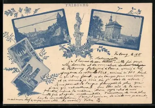 AK Fribourg, Turmgebäude, Kircheninneres, Ortsansicht mit Brücke, Kriegerdenkmal, Rahmen mit Blumen
