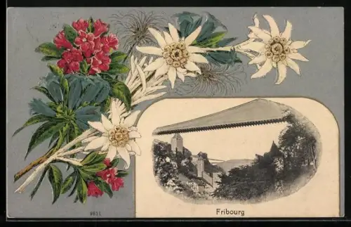 AK Fribourg, Teilansicht vom Ort mit Hämngebrücke, Alpenblumen