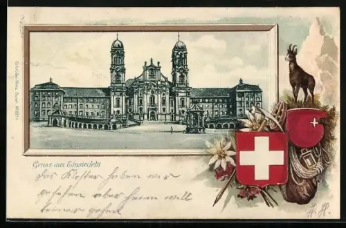 Passepartout-Lithographie Einsiedeln, Klosteranlage, Wappen, Bergsteigergepäck, Gemse