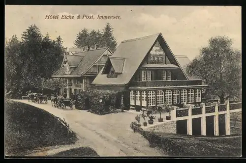 AK Immensee, Hotel Eiche & Post mit Fuhrwerken aus der Vogelschau