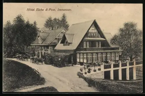 AK Immensee, Hotel Eiche & Post, Ansicht mit Fuhrwerken aus der Vogelschau