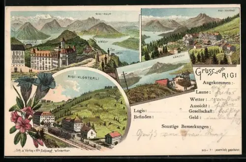 Lithographie Rigi-Klösterli, Teilansicht mit Bahnhof, Vierwaldstättersee, Känzeli