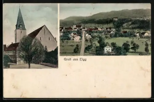 AK Elgg, Totalansicht aus der Vogelschau, Kirche