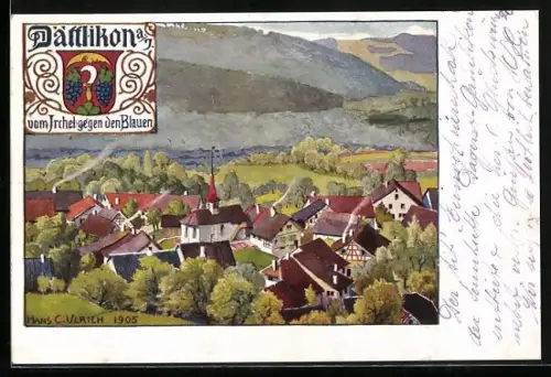 Künstler-AK Dättlikon, Totalansicht vom Irchel gegen den Blauen, Wappen