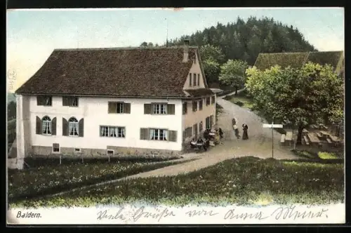 AK Stallikon, Baldern, Gasthaus mit Strasse und Garten aus der Vogelschau