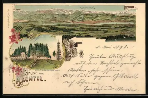 Lithographie Bachtel, Blick vom Bachtel auf die umliegenden Gipfel, Gasthaus und Aussichtsturm