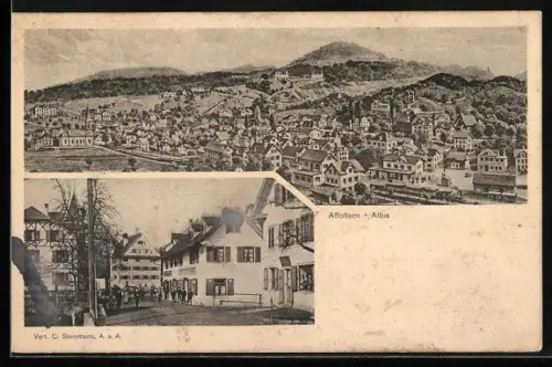 AK Affoltern a. Albis, Zürichstrasse mit Restaurant Bierhalle u. Hotel Krone, Gesamtansicht mit Bahnhof