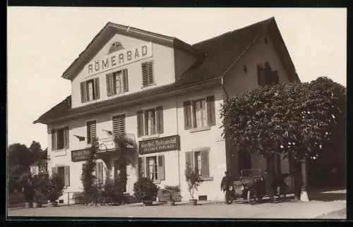 AK Zofingen, Gasthof-Badeanstalt Römerbad, Vorderansicht, Soldaten mit Jeep