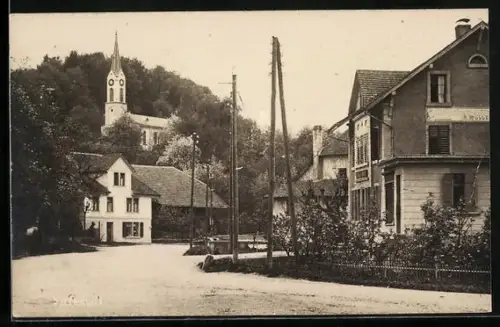 AK Safenwil, Strassenpartie mit Gasthaus A. Mülle und Kirche