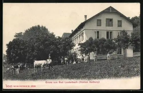 AK Oftringen, Bad Lauterbach, Gebäude hinter Landarbeitern, Kuh