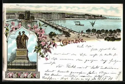 Lithographie Geneve, Gesamtansicht aus der Vogelschau, Monument National