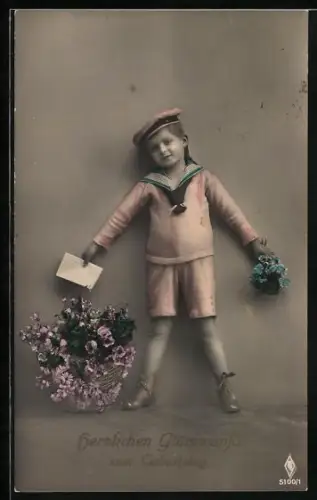 Foto-AK PFB Nr. 5100/1: Junge im Matrosenanzug gratuliert mit Blumen und Brief zum Geburtstag, Herzlichen Glückwunsch