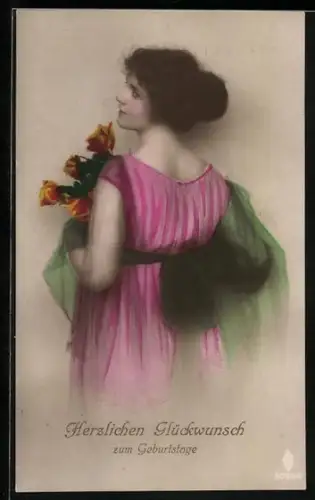 Foto-AK PFB Nr. 5093/2: Junge Dame blickt über die Schulter, Herzlichen Glückwunsch zum Geburtstag