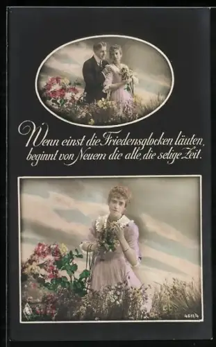 Foto-AK PFB Nr. 4611/4: Junge Frau auf der Blumenwiese denkt an die Rückkehr ihres Mannes aus dem Krieg