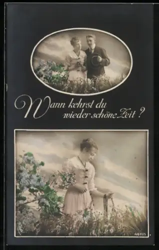 Foto-AK PFB Nr. 4611/5: Junge Frau auf der Wiese vermisst ihren Mann, Wann kehrst du wieder schöne Zeit?