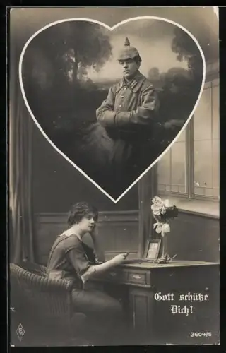 Foto-AK PFB Nr. 3604/5: Junge Frau sitzt am Schreibtisch und betrachtet das Bild ihres Mannes, der im Krieg ist