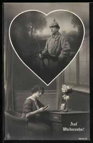 Foto-AK PFB Nr. 3604/3: Junge Frau hofft auf ein Wiedersehen mit ihrem Mann, der im Krieg ist
