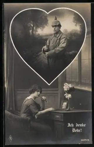 Foto-AK PFB Nr. 3604/4: Junge Frau denkt an ihren Mann, der sich als Soldat im Krieg befindet