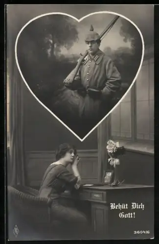 Foto-AK PFB Nr. 3604/4: Junge Frau hofft auf die gesunde Wiederkehr ihres Mannes, der als Soldat im Krieg dient