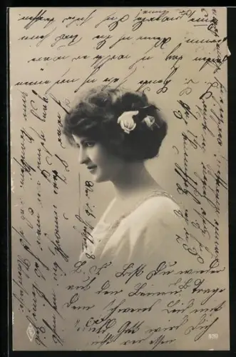 Foto-AK PFB Nr. 939: Junge Frau mit Blumen im Haar, Seitenporträt