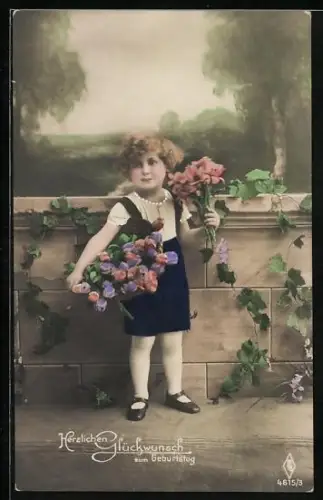 Foto-AK PFB Nr. 4615 /3: Hübsches Mädchen mit Blumen, Glückwunsch zum Geburtstag