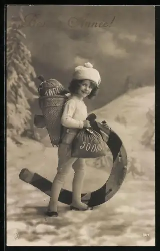 Foto-AK PFB Nr. 887: Mädchen stapft mit Hufeisen und Geldsäcken durch den Schnee, Bonne Année!