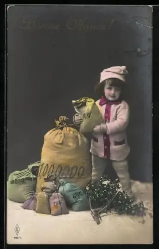 Foto-AK PFB Nr. 400/1: Kind steht mit Geldsäcken im Schnee, Bonne Année!