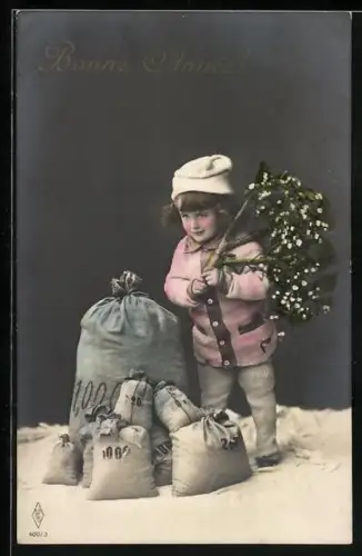 Foto-AK PFB Nr. 400/3: Mädchen mit Mistelzweig und Geldsäcken, Bonne Année!