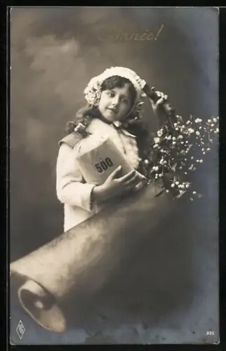 Foto-AK PFB Nr. 896: Mädchen mit Mistelzweig und Geldsack, Bonne Année!