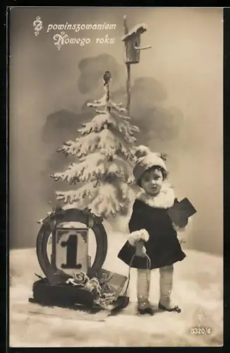 Foto-AK PFB Nr. 5320/6: Mädchen zieht einen Schlitten mit dem Kalenderblatt 1