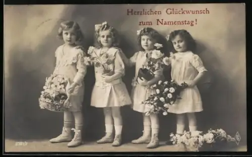 Foto-AK PFB Nr. 2781/2: Vier Mädchen gratulieren mit Blumen zum Namenstag, Herzlichen Glückwunsch!