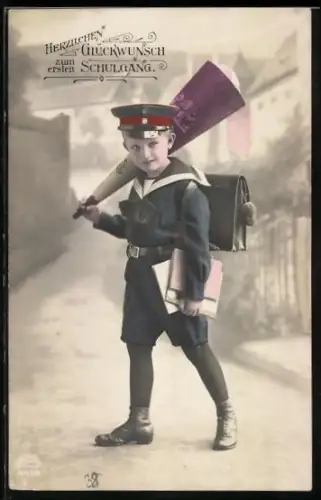 Foto-AK R & K / L Nr. 6053/6: Schulanfänger mit Schirmmütze und Zuckertüte