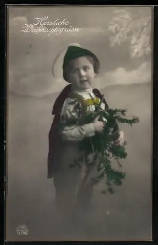 Foto-AK R & K / L Nr. 7170/3: Kleiner Junge mit Tannenzweigen
