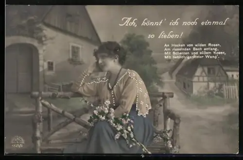 Foto-AK R & K / L Nr. 8825/1: Junge Frau sitzt nachdenklich auf einer Bank