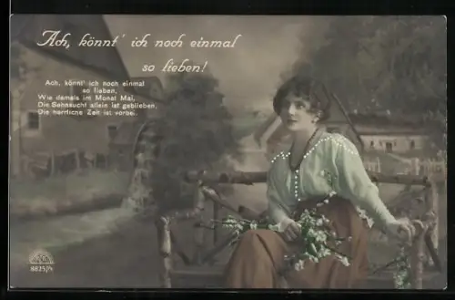 Foto-AK R & K / L Nr. 8825/6: Junge Frau mit nachdenklichem Blick auf einer Bank