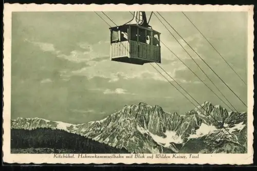 AK Kitzbühel /Tirol, Hahnenkammseilbahn mit Blick auf Wilden Kaiser