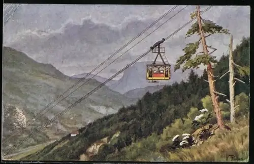 Künstler-AK Bozen-Kohlern, Schwebebahn auf halber Höhe