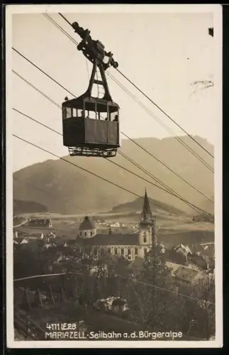 AK Mariazell, Seilbahn auf die Bürgeralpe, Im Hintergrund Kirche